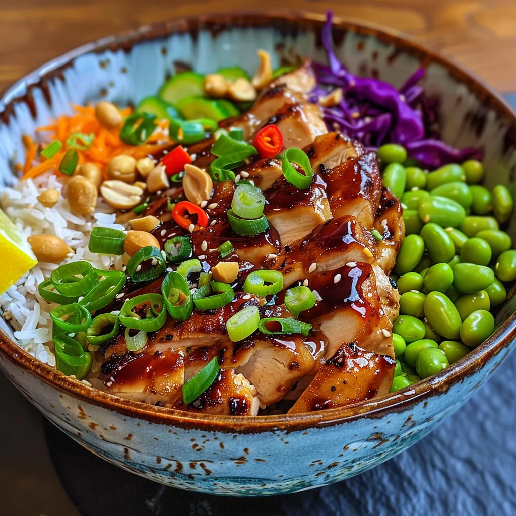 A detailed image of an Asian chicken bowl featuring juicy chicken, colorful vegetables, and crispy rice.