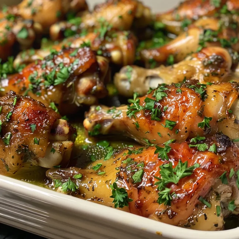 Juicy baked chicken wings with a shiny garlic herb sauce, garnished with fresh herbs, viewed from the side.