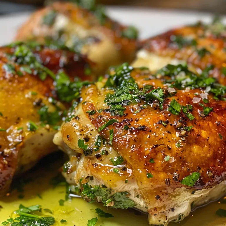 Juicy baked chicken thighs with crispy skin, garlic butter, and parsley garnish.