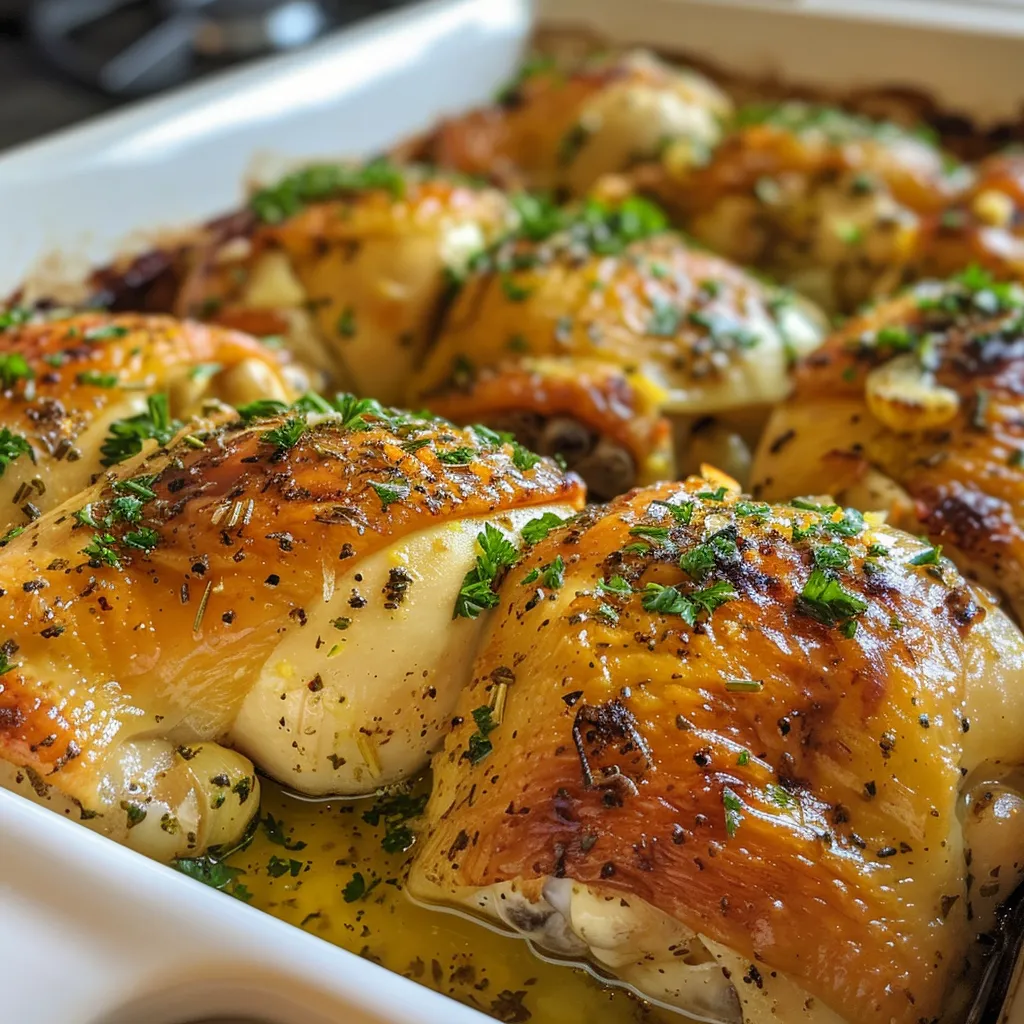 Golden-brown chicken thighs arranged on a plate, seasoned with herbs and garlic.