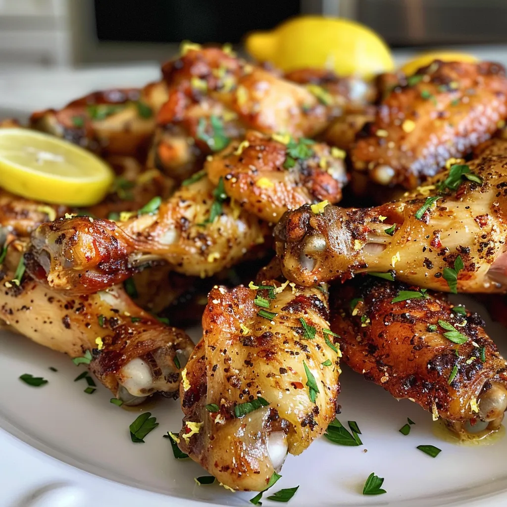 Juicy lemon pepper chicken wings arranged on a table.