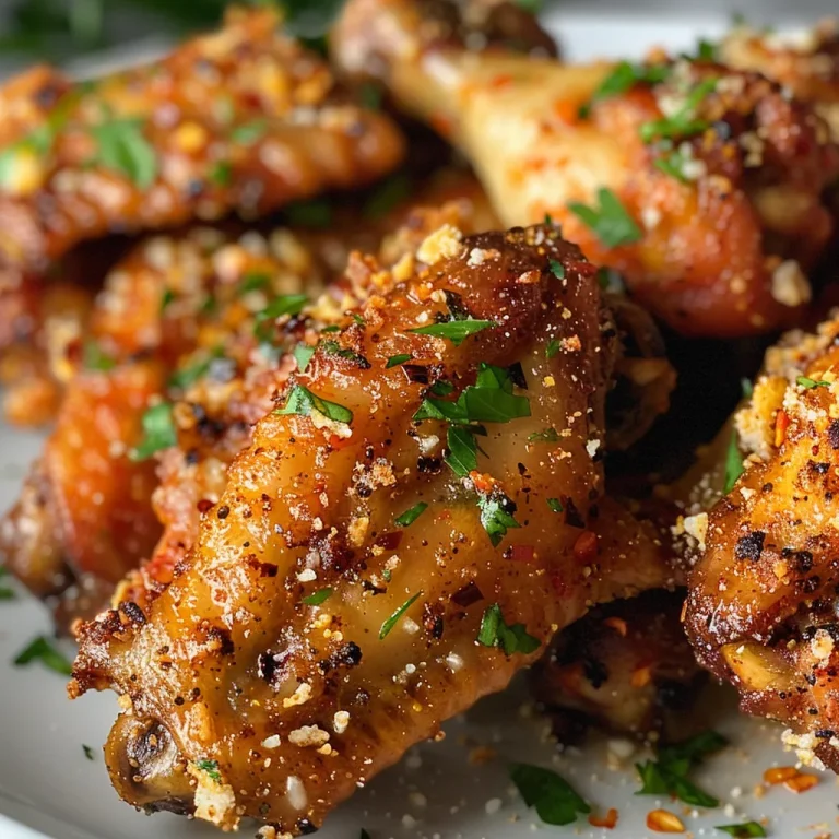 Close-up shot of baked garlic parmesan chicken wings garnished with parsley.