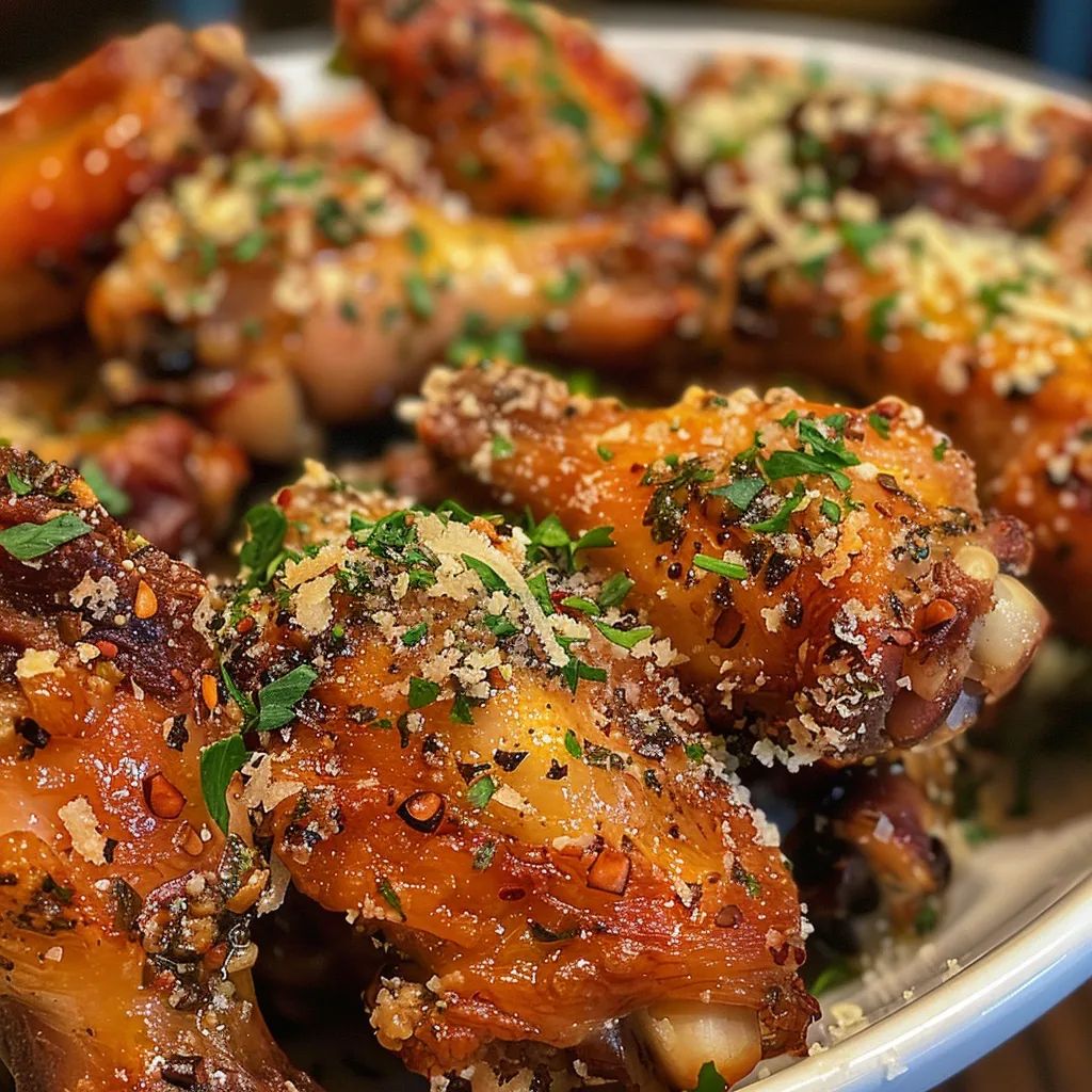 Juicy baked chicken wings coated in garlic and parmesan, viewed from the side.