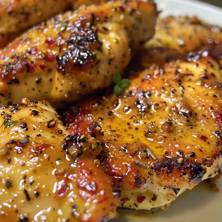 Close-up view of baked honey mustard chicken, golden brown with a shiny glaze.