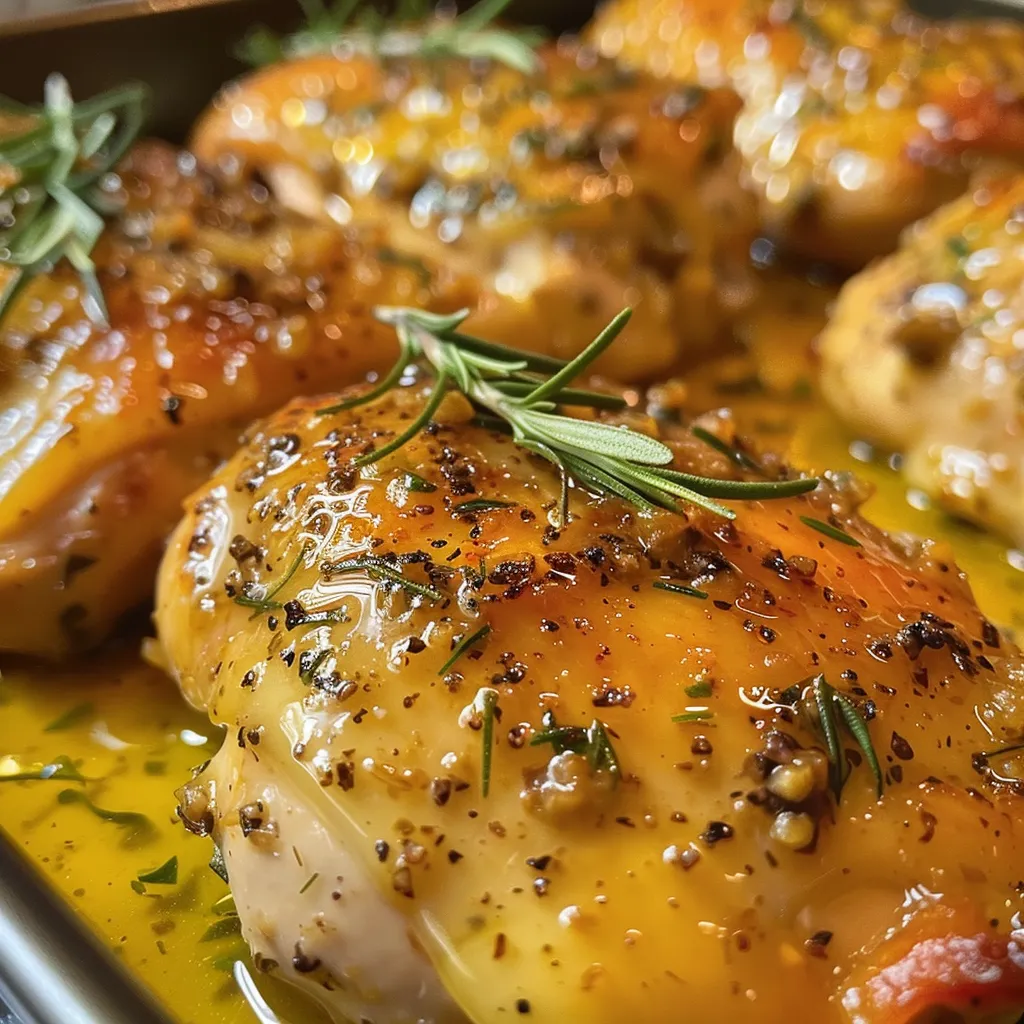 Juicy honey mustard chicken breasts arranged on a plate, garnished with rosemary.