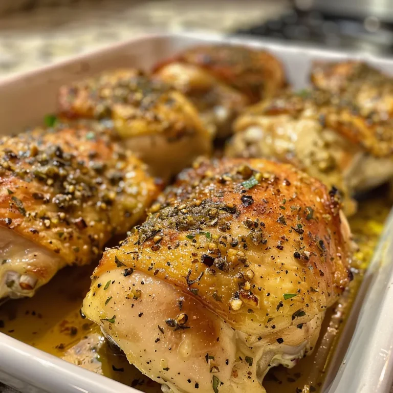 Juicy baked Italian chicken thighs garnished with parsley and served with lemon wedges.