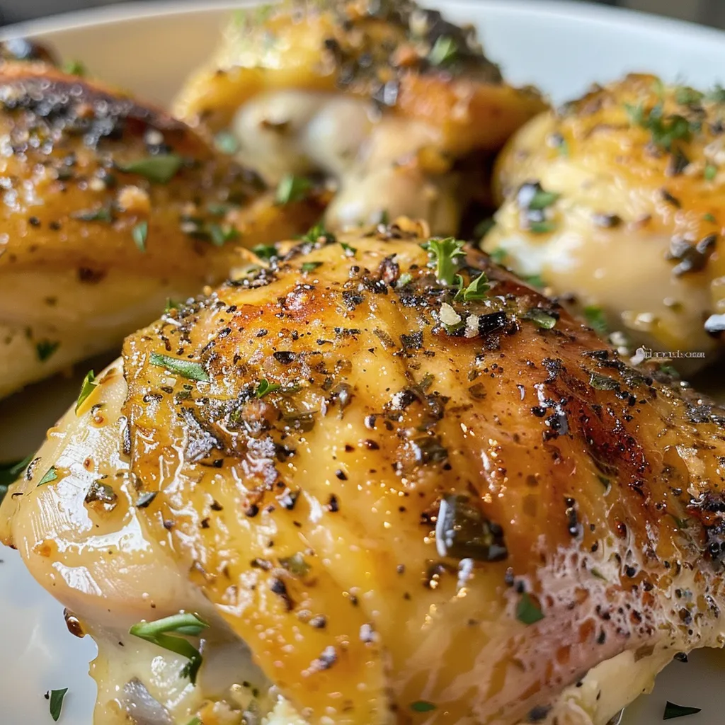 Side view of crispy-skinned baked chicken thighs on a plate.