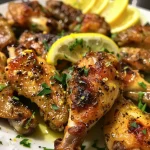 Close-up of golden-brown Baked Lemon Garlic Chicken Wings garnished with parsley.