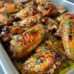 Juicy baked lemon garlic chicken wings garnished with parsley.