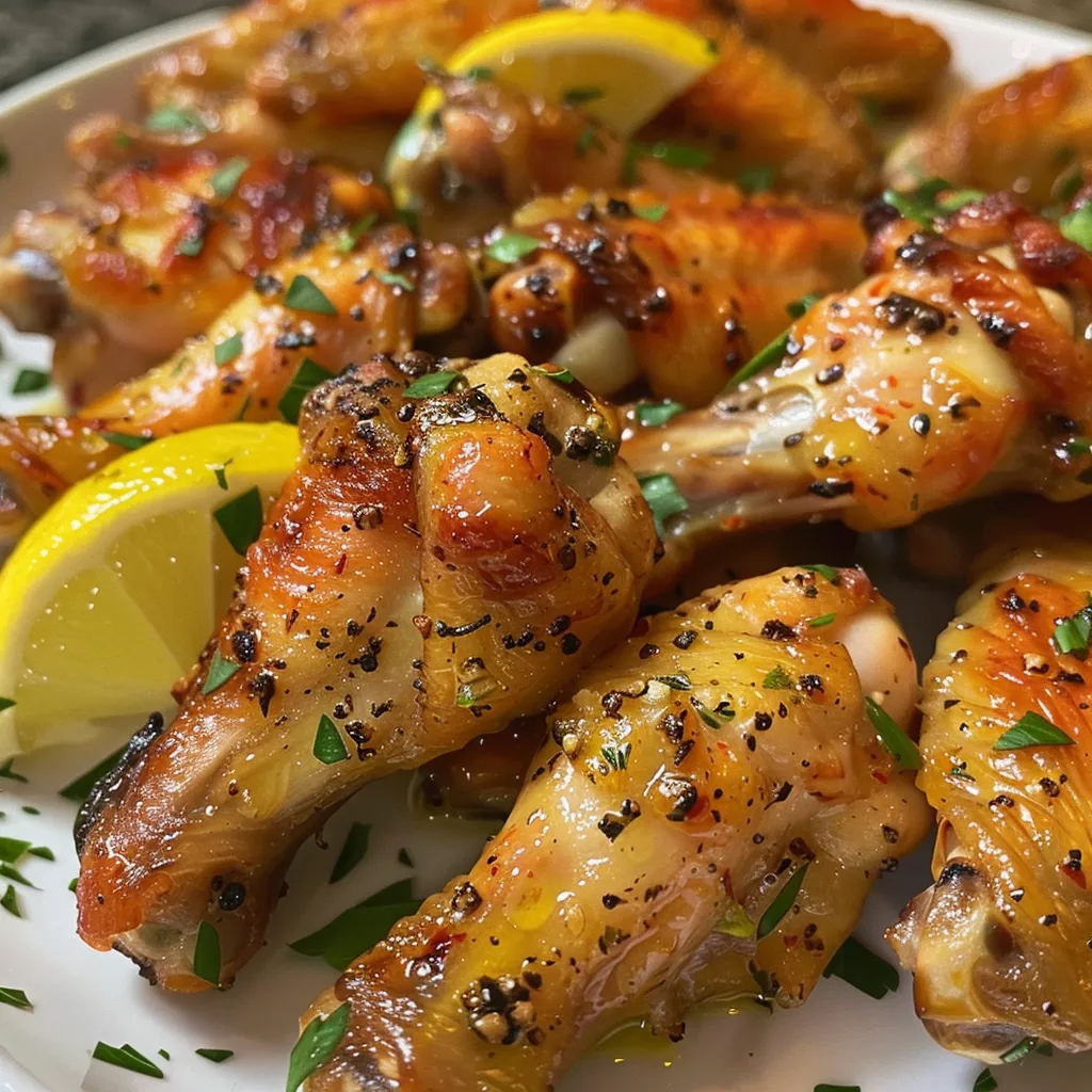 Side view of juicy chicken wings coated in lemon garlic sauce on a white plate.