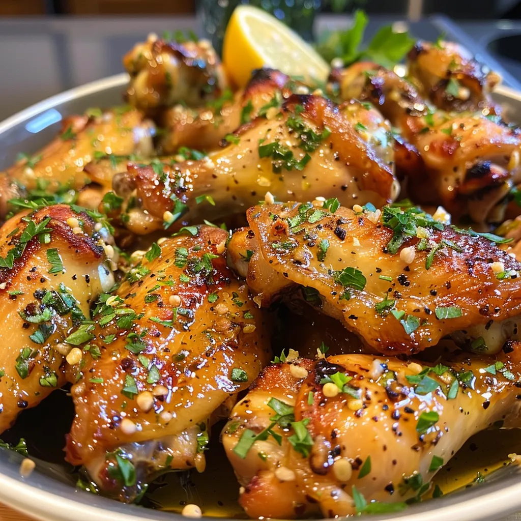 Close-up of succulent chicken wings drizzled with lemon and garlic.