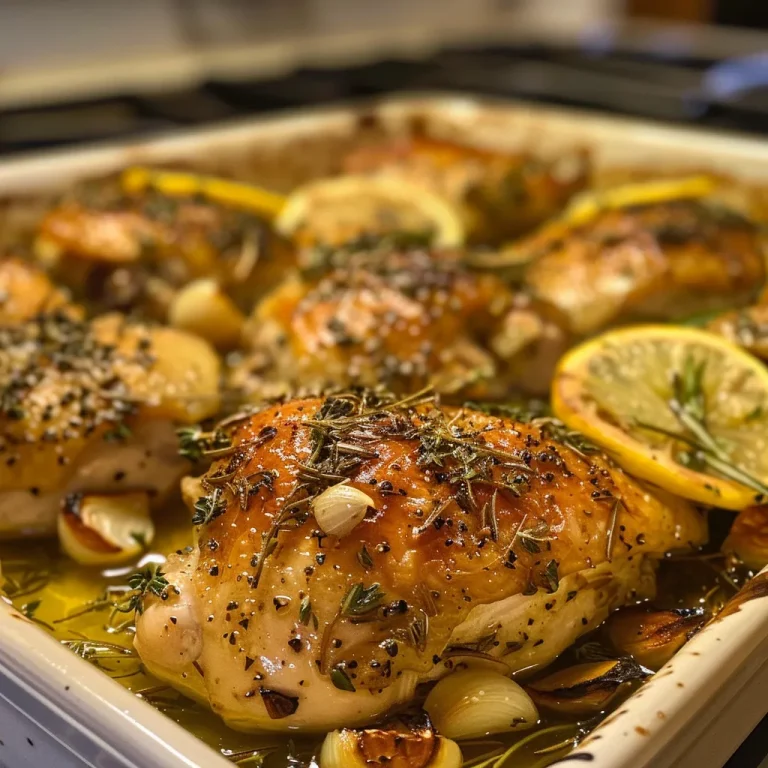 Close-up view of golden-brown baked lemon herb chicken garnished with herbs.