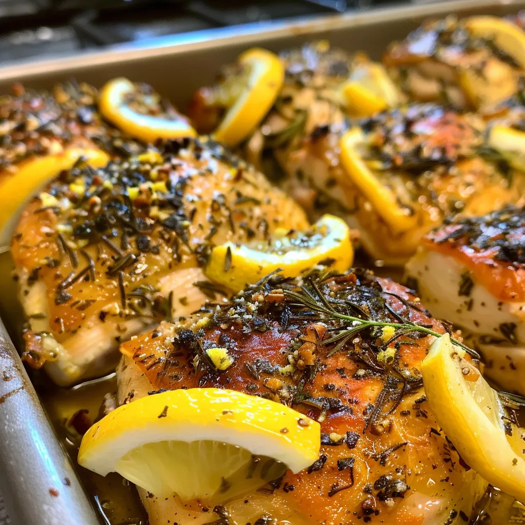Side view of juicy lemon herb chicken breast with a vibrant citrus glaze.