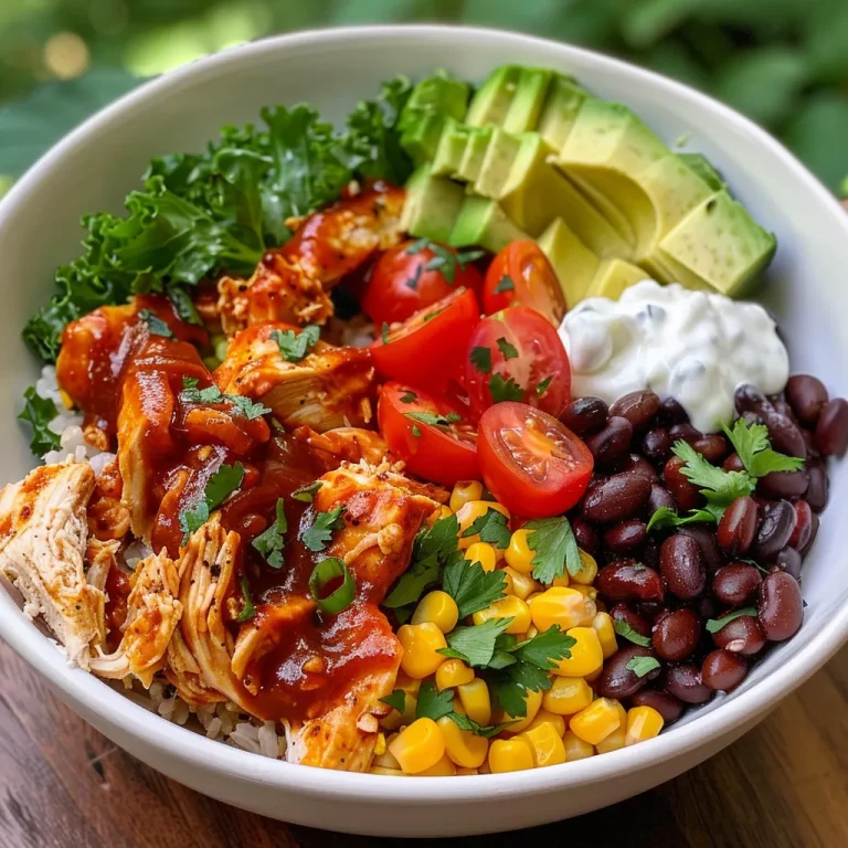 The Heartwarming BBQ Chicken Bowl That Brings Everyone Together A close-up view of a BBQ Chicken Bowl featuring chicken, rice, corn, black beans, and fresh vegetables.