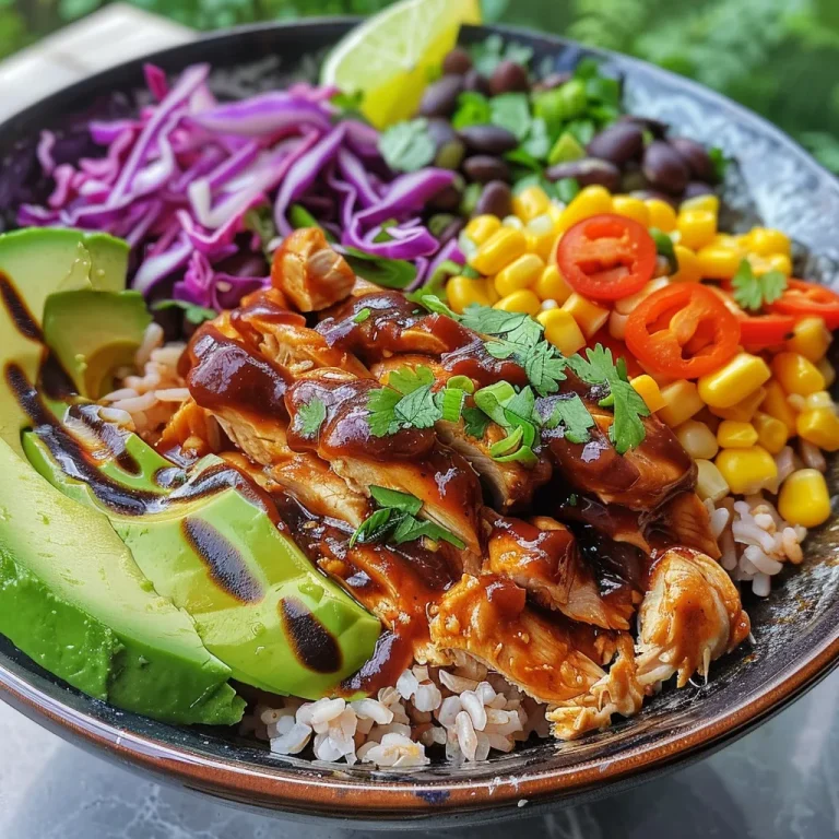 Heartwarming BBQ Chicken Bowl A Taste of Togetherness Close-up view of a BBQ chicken bowl topped with ranch dressing and fresh cilantro.