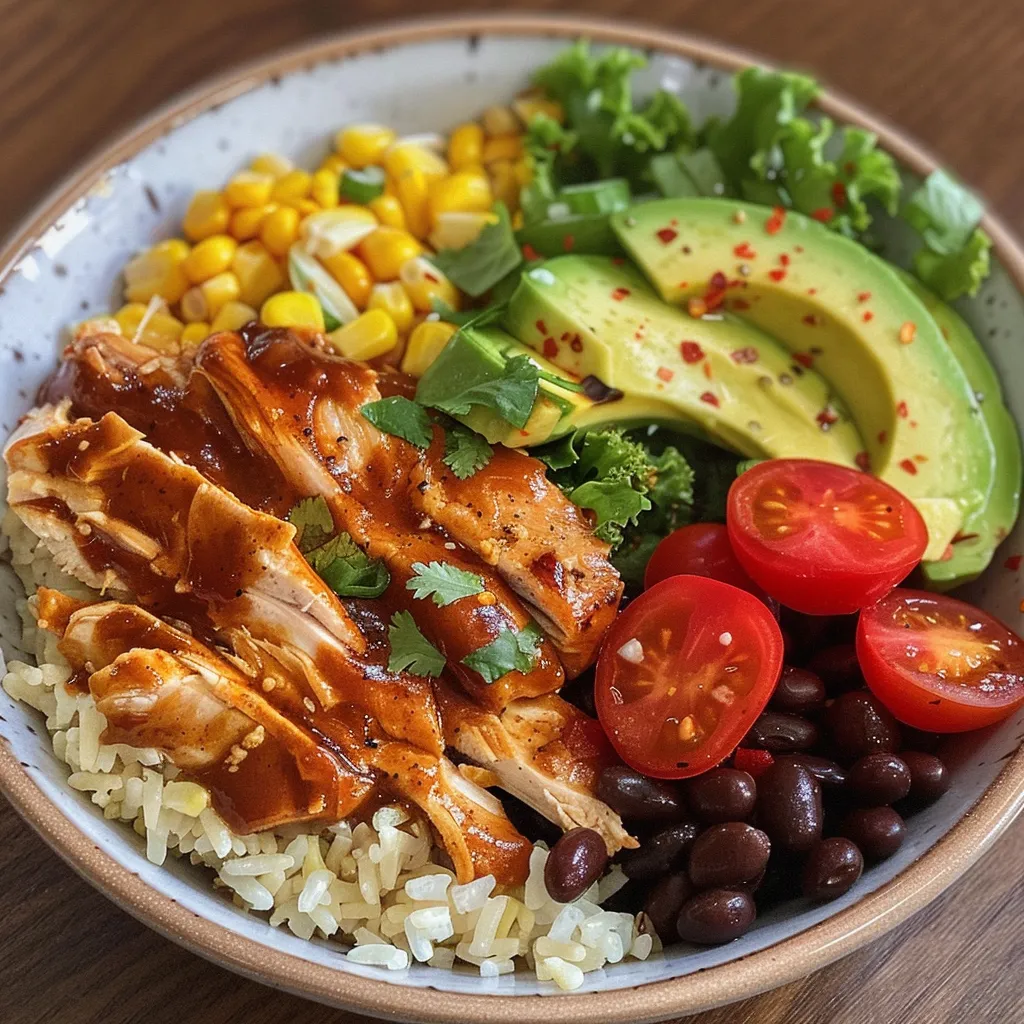 Side view of a vibrant BBQ Chicken Bowl with shredded chicken, avocado, and cherry tomatoes in a bowl.