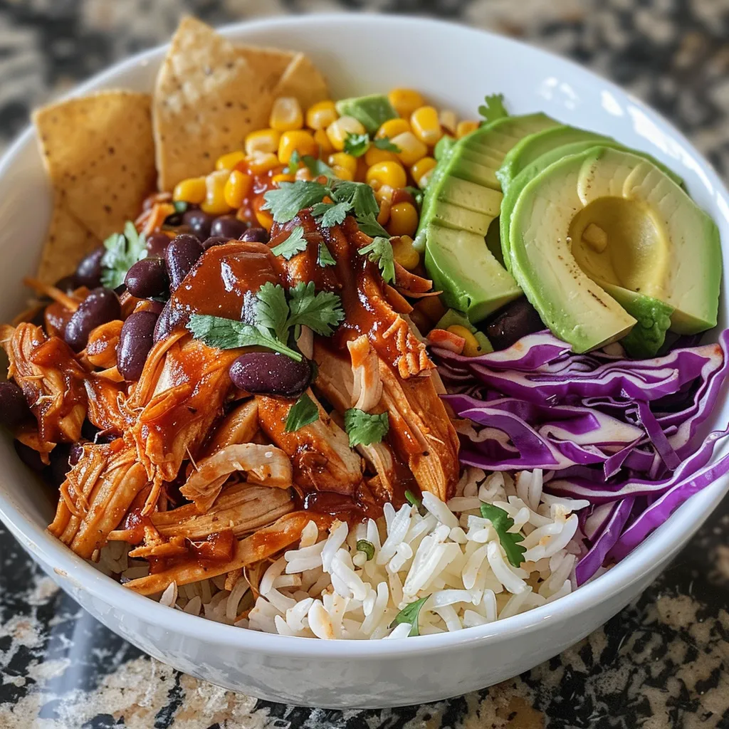 Side view of a vibrant BBQ chicken bowl filled with ingredients and a drizzle of ranch.