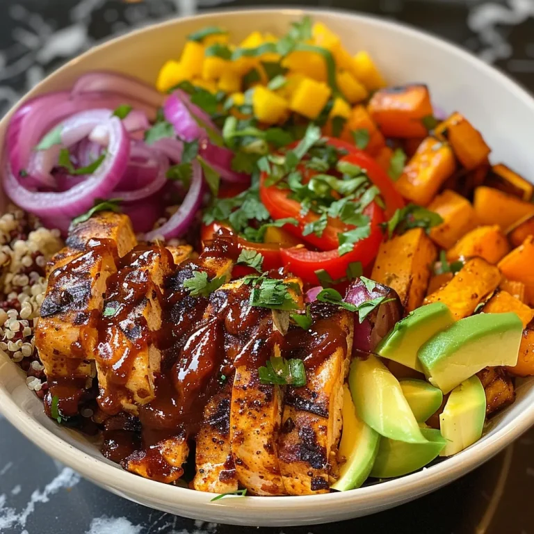 A close-up side view of BBQ chicken bowls featuring grilled vegetables and sweet potatoes.