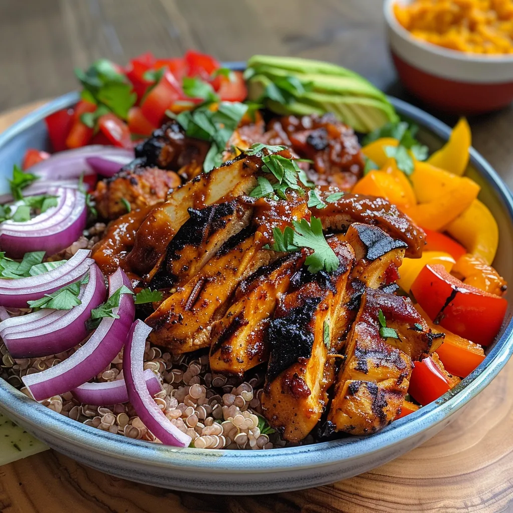 A vibrant BBQ chicken bowl with juicy chicken, colorful peppers, onions, and sweet potatoes.
