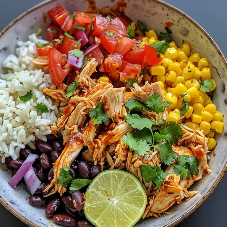Close-up view of a colorful BBQ Chicken Burrito Bowl filled with chicken, rice, corn, and toppings.