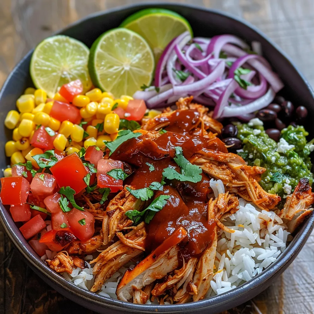 A side view of a BBQ Chicken Burrito Bowl, showcasing layers of ingredients like shredded chicken, rice, and diced vegetables.