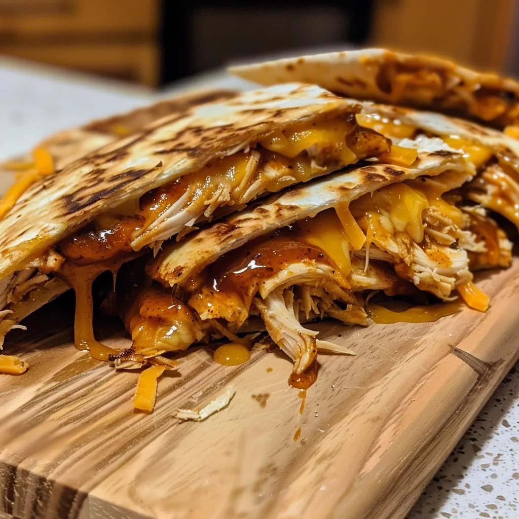 Close-up side view of BBQ Chicken Cheddar Quesadillas, with melted cheddar cheese and BBQ sauce visible.