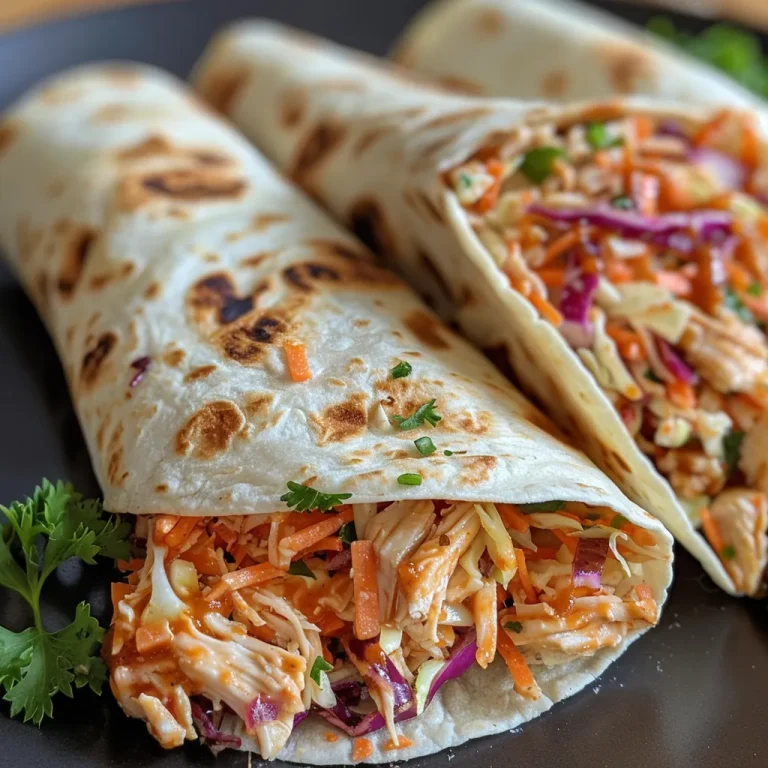 Close-up view of BBQ chicken coleslaw wraps with vibrant colors and textures.