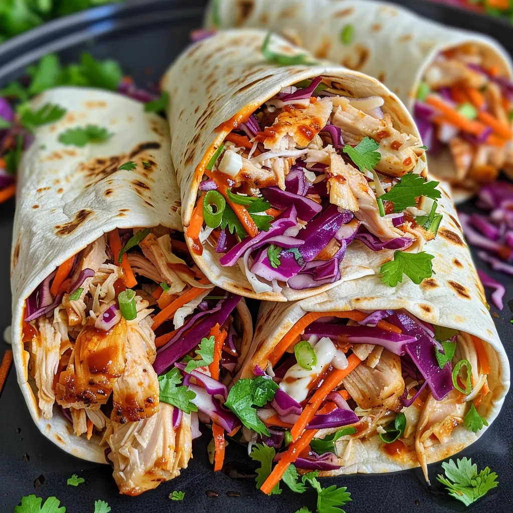 Juicy BBQ chicken coleslaw wraps on a plate, garnished with fresh cilantro.