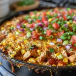 Close-up of BBQ Chicken Cornbread Skillet with melted cheese and colorful toppings.