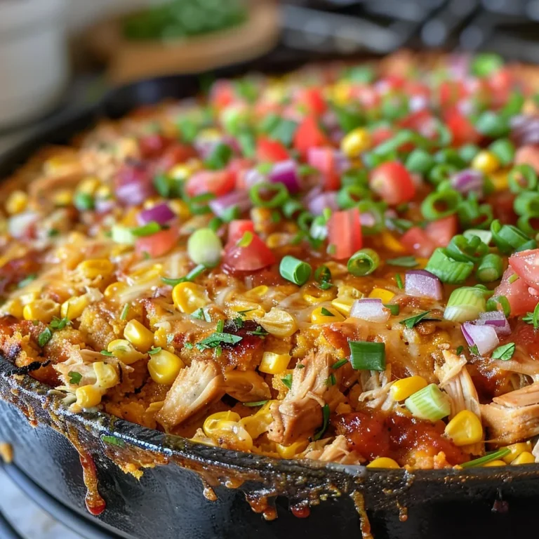 Close-up of BBQ Chicken Cornbread Skillet with melted cheese and colorful toppings.