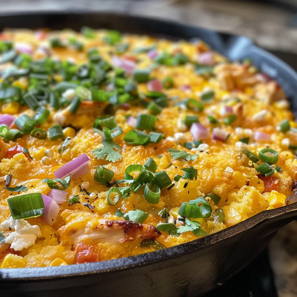 Juicy BBQ Chicken Cornbread Skillet highlighting cornbread crust and shredded chicken.