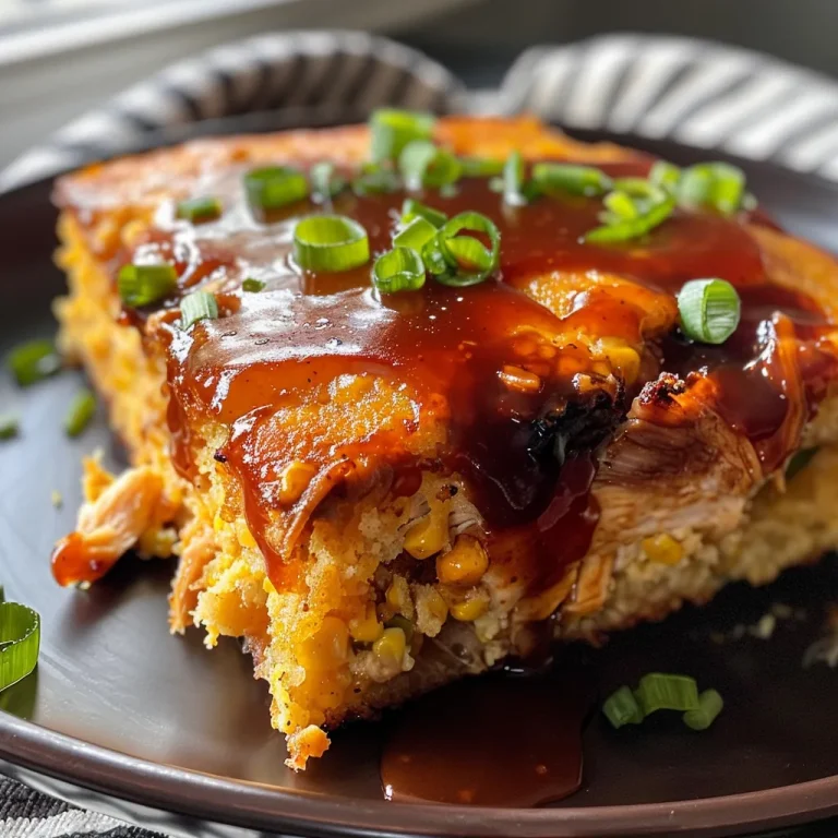 Close-up view of BBQ Chicken Cornbread showcasing a golden crust and BBQ sauce.