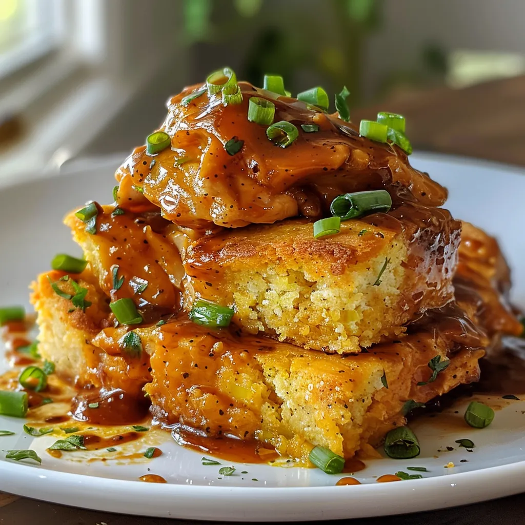 Side angle shot of a slice of BBQ Chicken Cornbread with chicken chunks and cheese visible.
