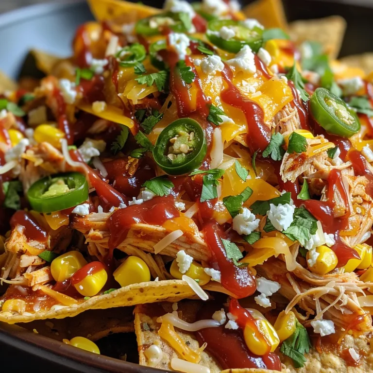 Close-up view of BBQ Chicken Nachos topped with melted cheese and jalapeños.