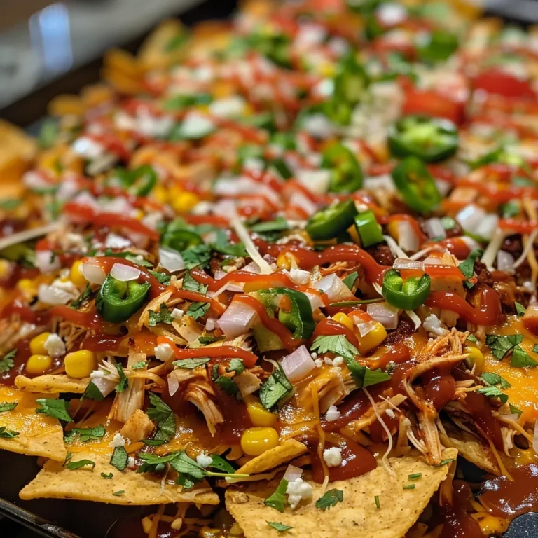 Close-up of BBQ Chicken Nachos with melted cheese and toppings.