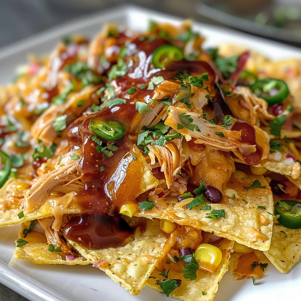 Juicy BBQ Chicken Nachos with crispy tortilla chips and colorful toppings.