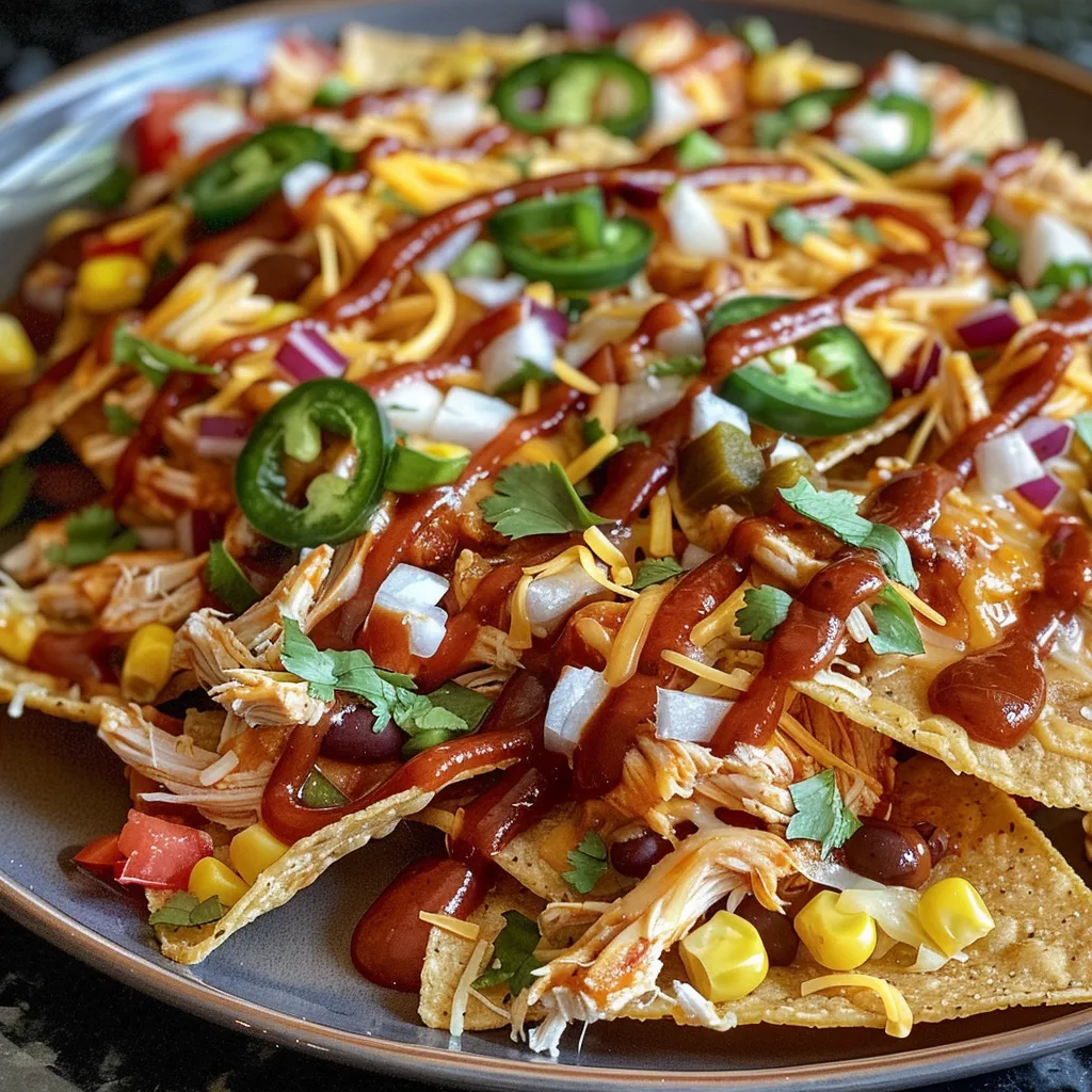 Side view of a platter of BBQ Chicken Nachos featuring chicken, cheese, and jalapeños.