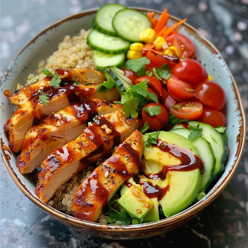 Side view of a colorful BBQ Chicken Power Bowl with sliced avocado and garnishes.