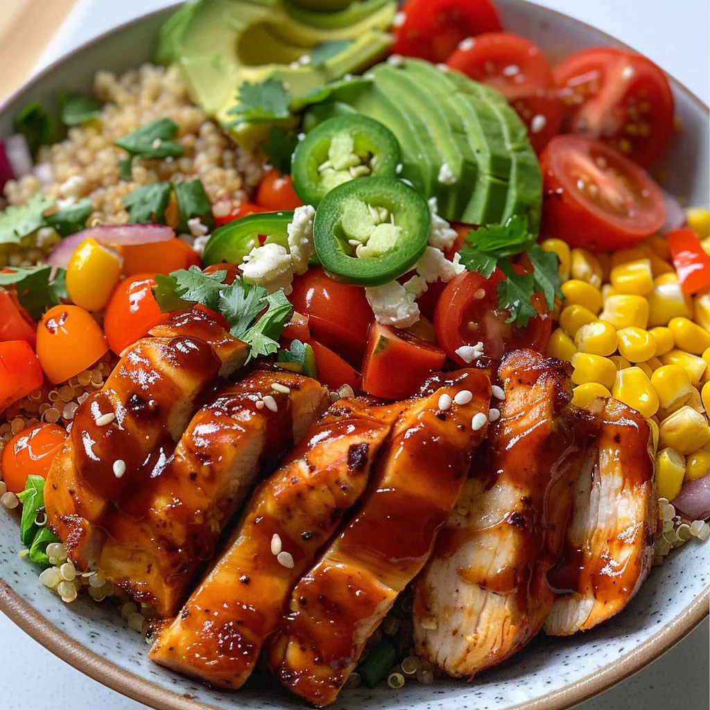 Side view of a delicious BBQ Chicken Power Bowl, showcasing juicy chicken and fresh veggies.