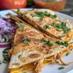 Close-up view of BBQ chicken quesadillas, showcasing melted cheese and crispy tortillas.
