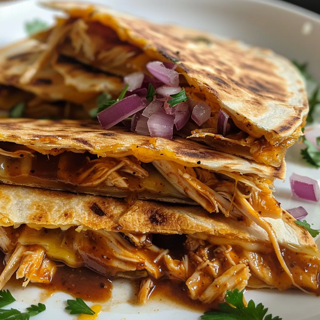 Juicy BBQ chicken quesadillas with shredded chicken and red onion, served on a plate.