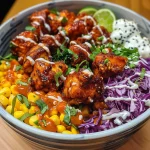 Close-up view of BBQ Chicken Ranch Bowl with colorful ingredients.