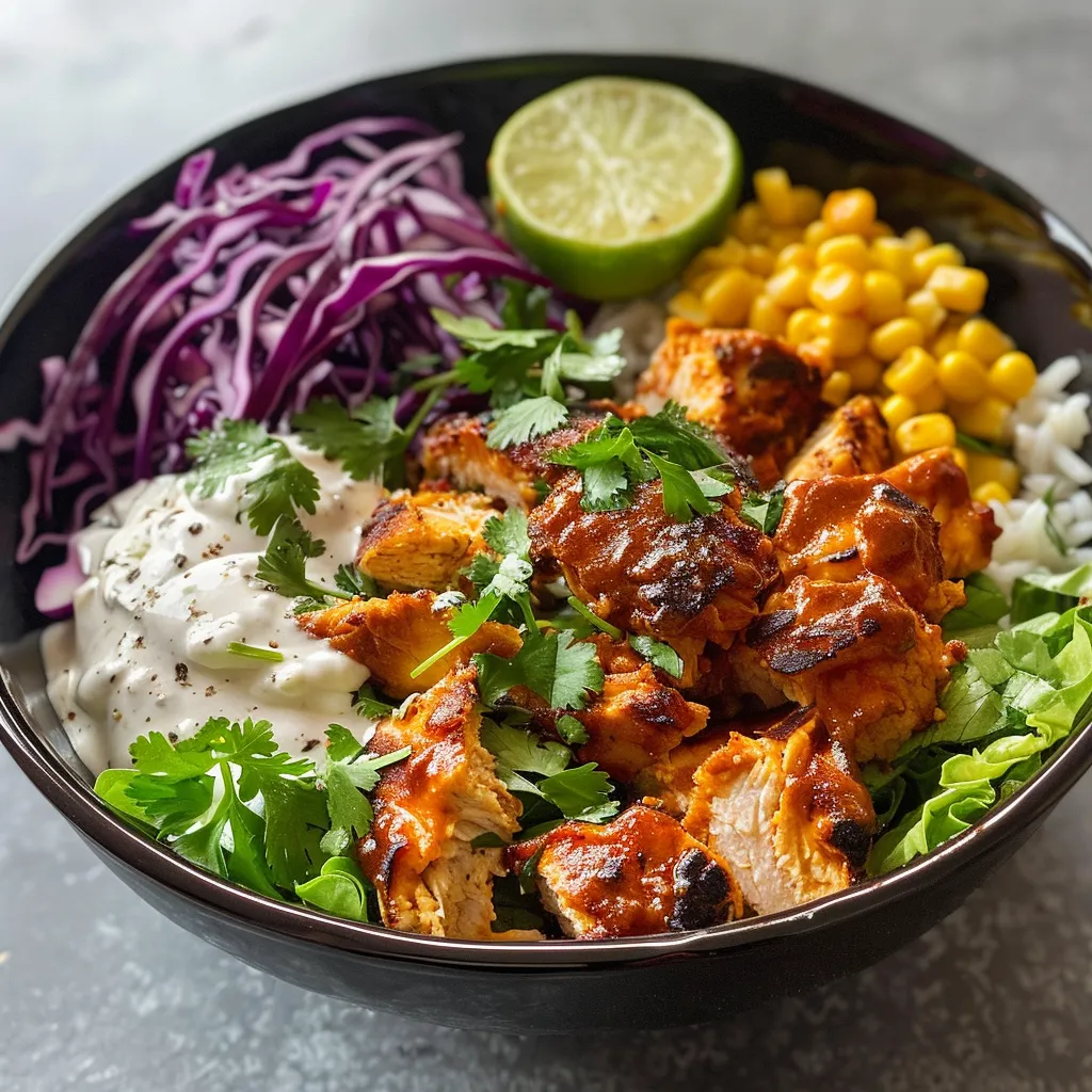 Side view of a delicious BBQ Chicken Ranch Bowl garnished with fresh herbs.