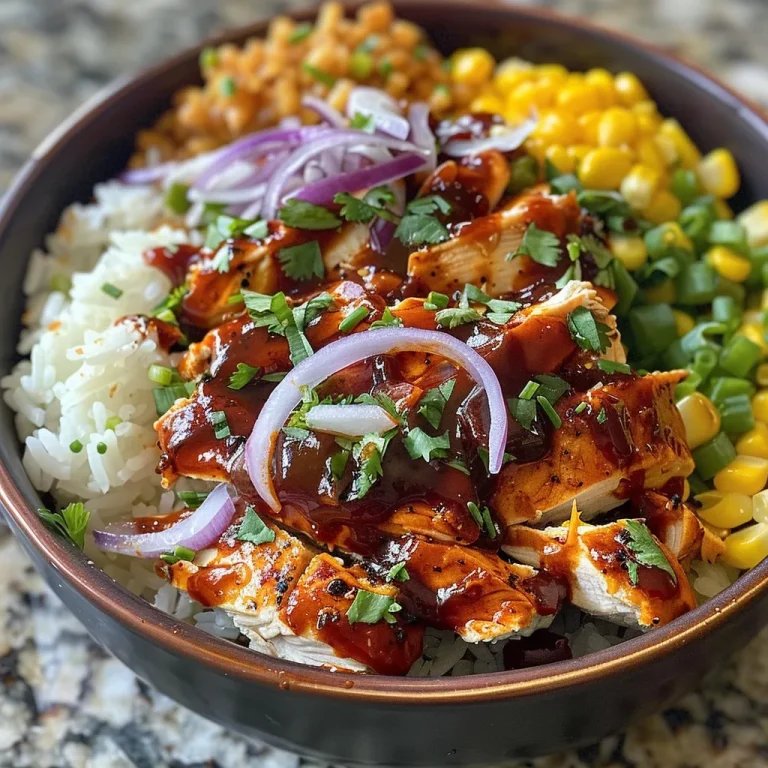 The BBQ Chicken Rice Bowl That Will Make You Gather Round Close-up of a BBQ chicken rice bowl topped with crispy onions and cheese.