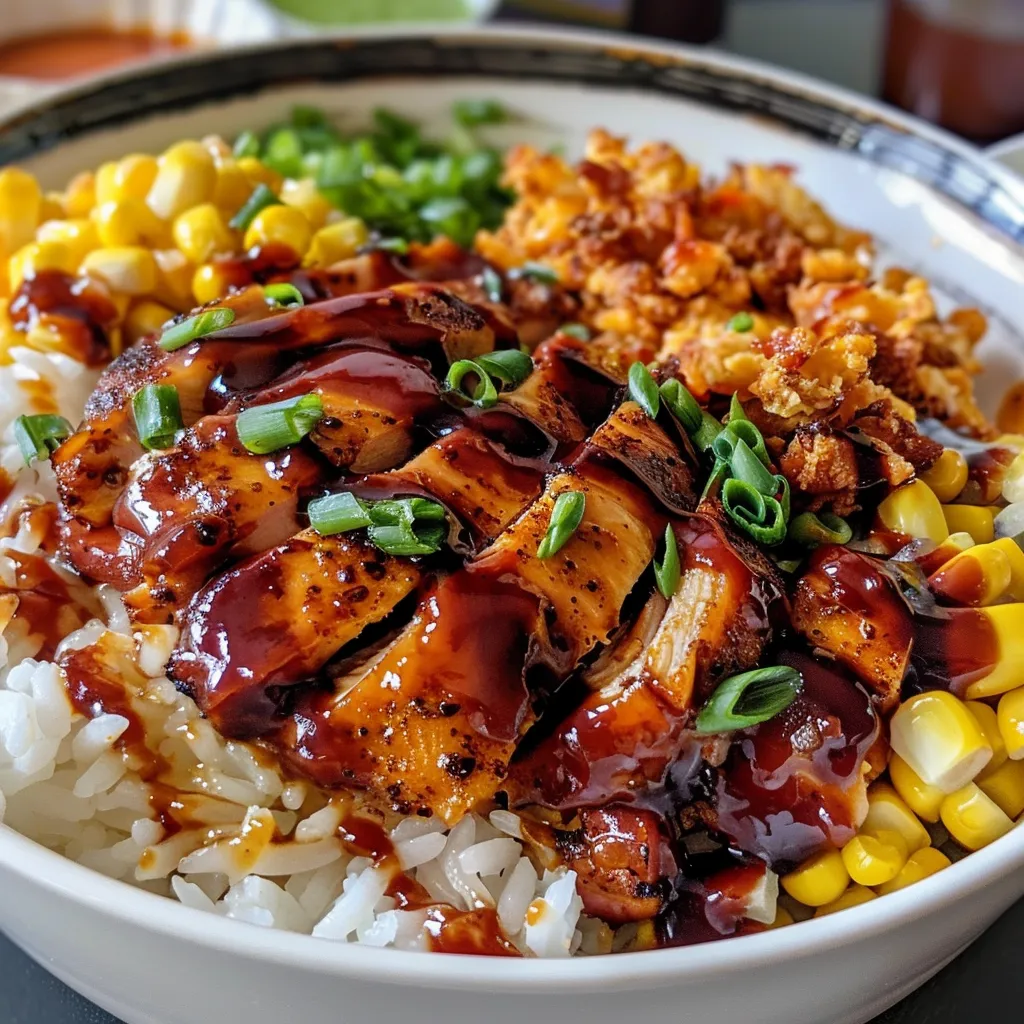 Side view of a delicious BBQ chicken rice bowl with corn and a glossy sauce.