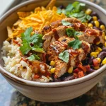 A close-up view of a BBQ Chicken Rice Bowl, showcasing tender chicken, rice, corn, and beans.