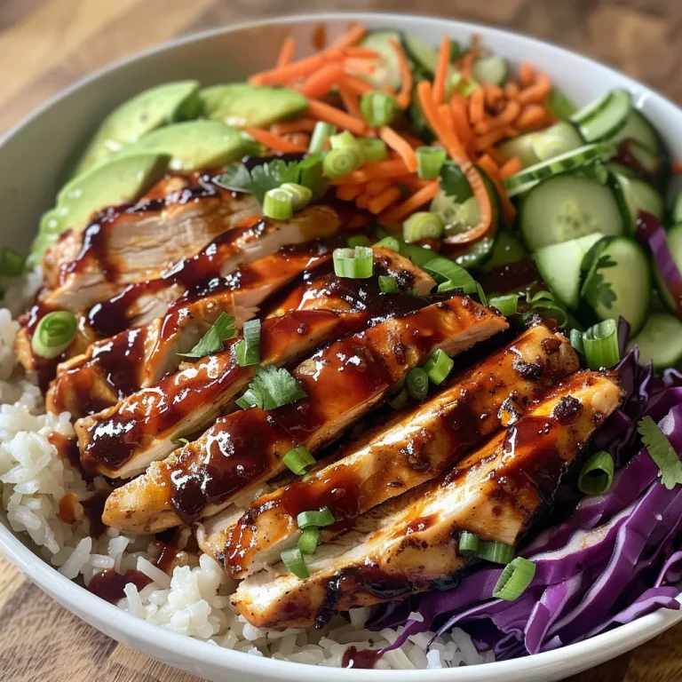 A Heartfelt BBQ Chicken Rice Bowl Recipe That Stirs Up Fond Memories A close-up side view of a BBQ chicken rice bowl featuring juicy grilled chicken atop a bed of rice and colorful vegetables.