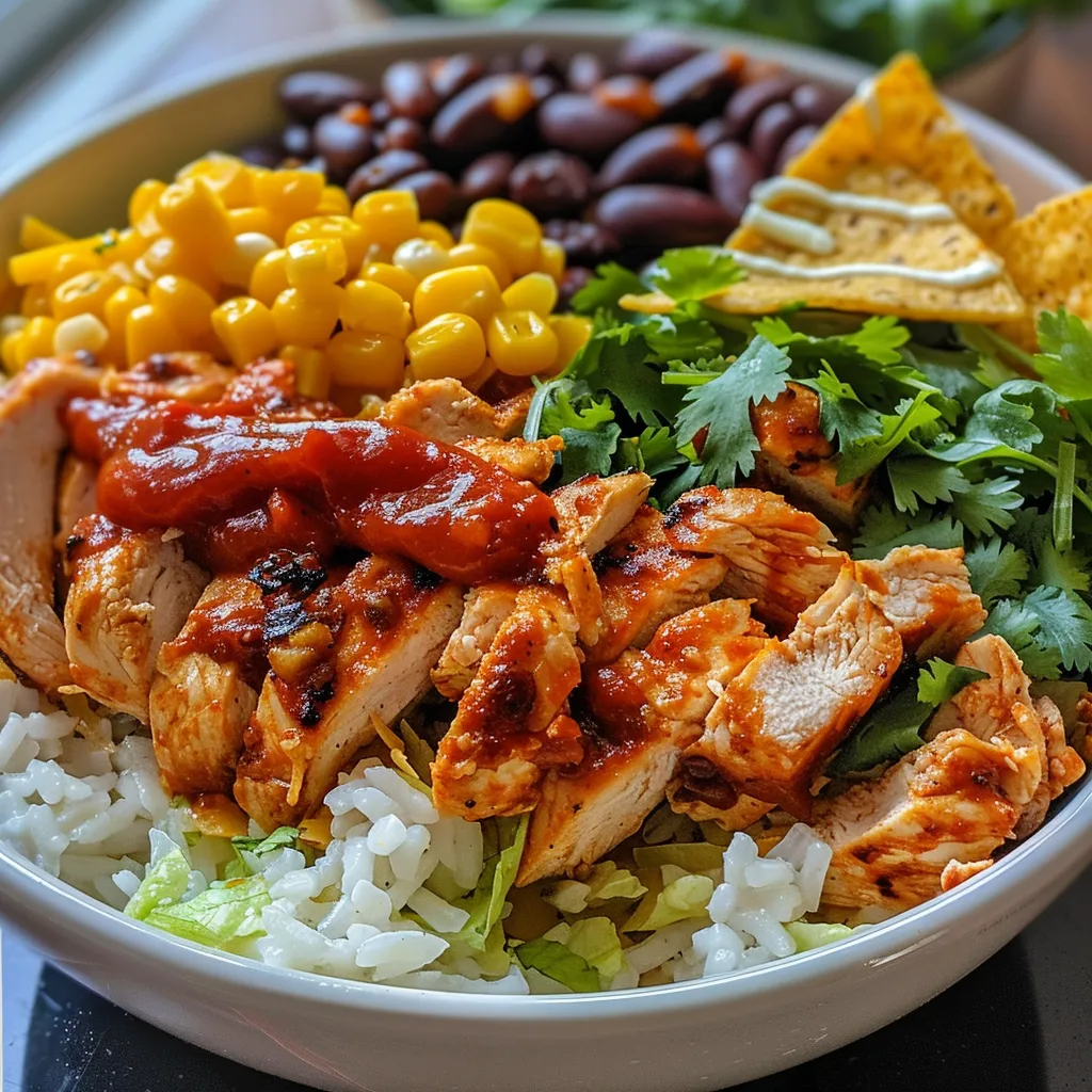 An iPhone photo of a delicious BBQ Chicken Rice Bowl layered with ranch dressing and topped with cheese.