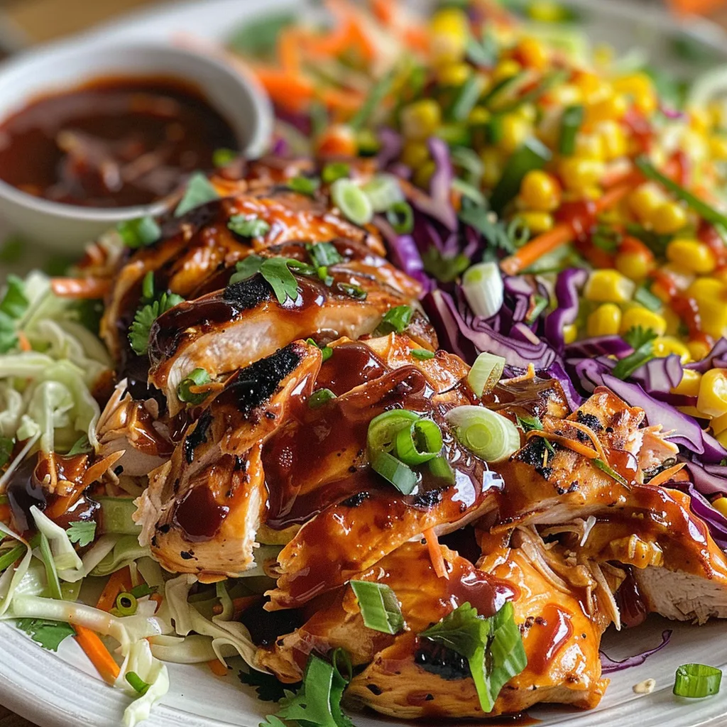 Side angle of a delicious BBQ chicken salad featuring corn and cabbage.
