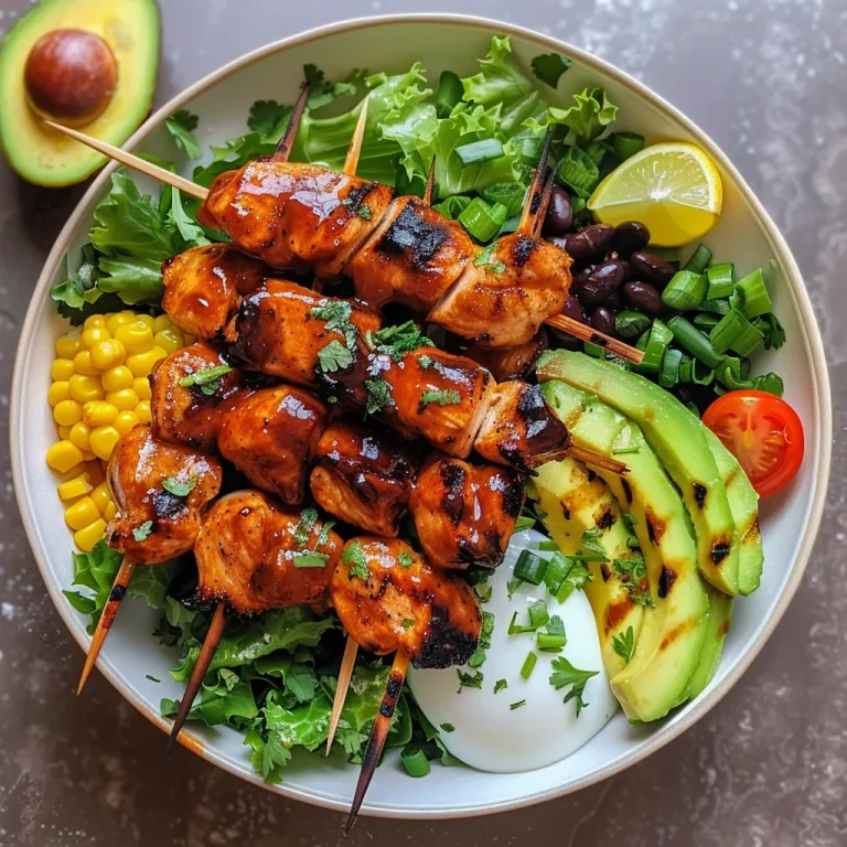 A close-up side view of a colorful BBQ Chicken Skewer Salad Bowl, showcasing vibrant ingredients.